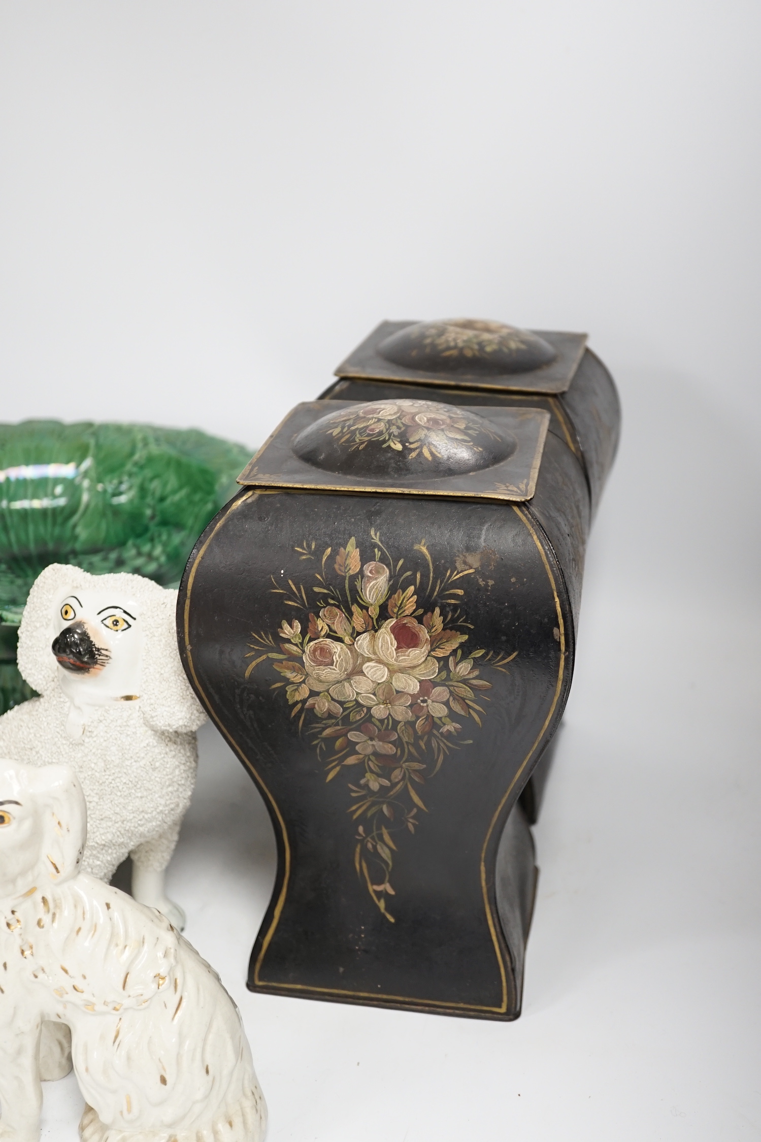 Three Staffordshire dogs, a green leaf pedestal dish and a pair of toleware vases, pedestal dish 30cm diameter